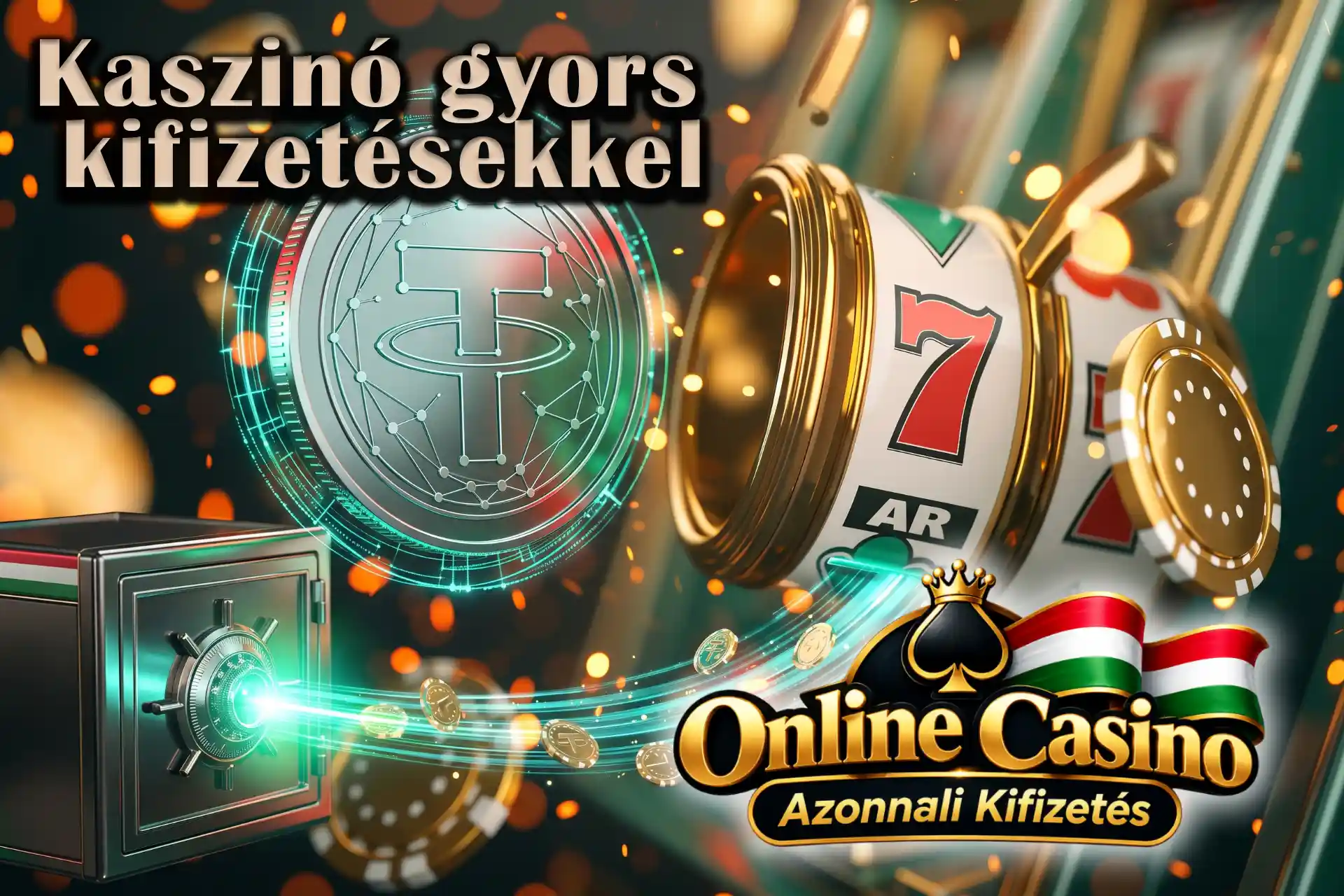 A leggyorsabb kifizetésű online kaszinók bemutatása, lebegő zöld Tether kriptovaluta-éremmel, nyitott széffel és nyerőgép-hengerrel.