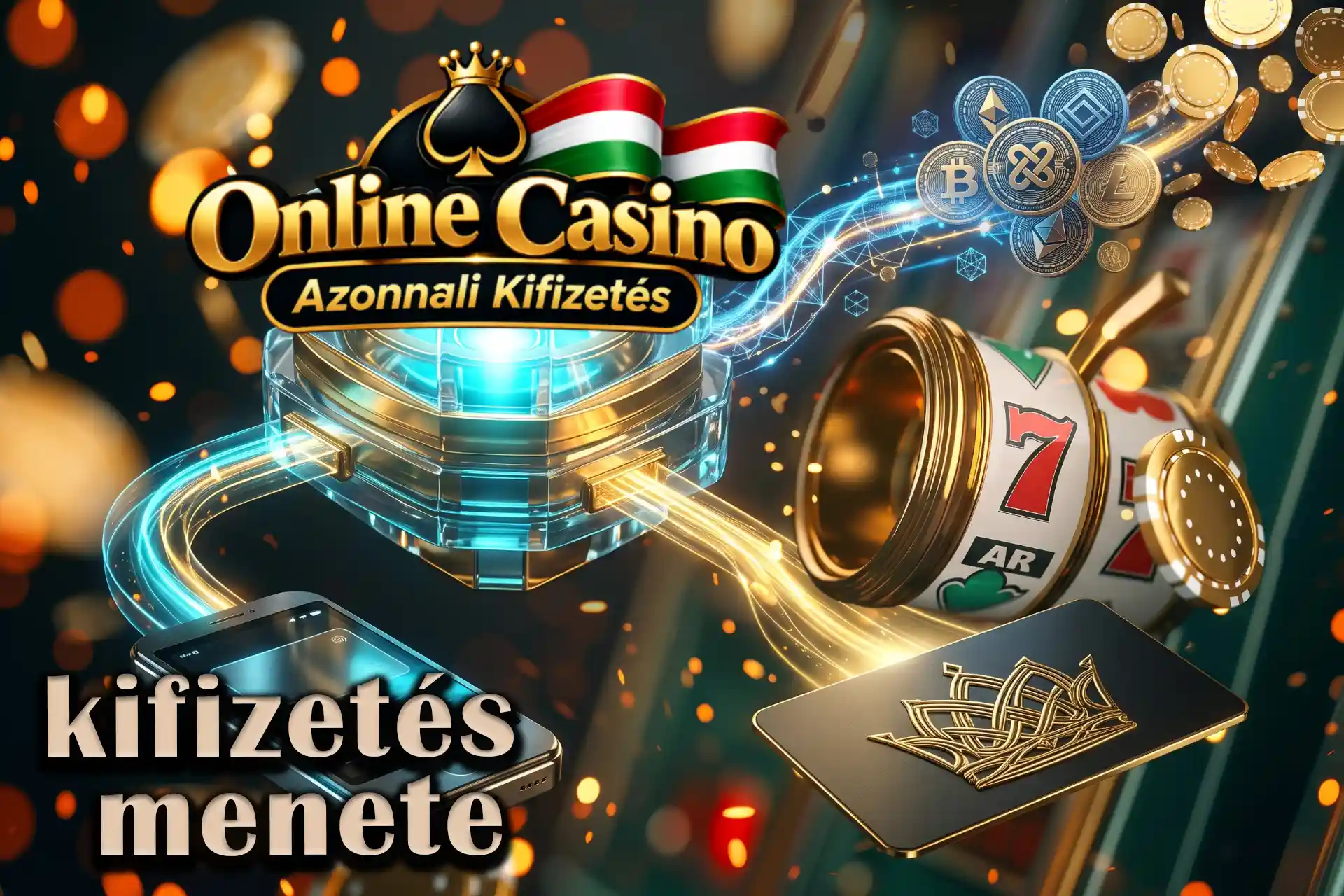 A kifizetési folyamat menete és lépései az online kaszinókban, központi feldolgozó terminállal, okostelefonnal és kriptopénzekkel illusztrálva.