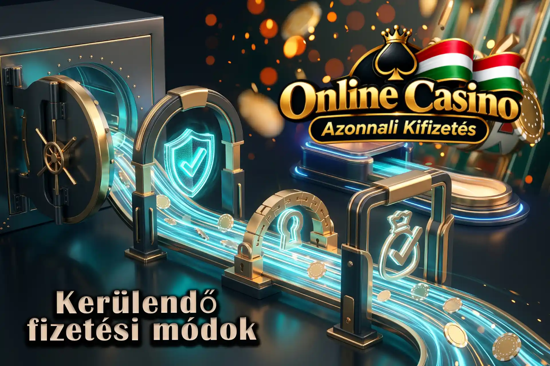 Lassú és kerülendő fizetési módok vizsgálata online szerencsejátéknál, kinyitott banki széffel és ellenőrző kapukon átfutó pénzpályával.
