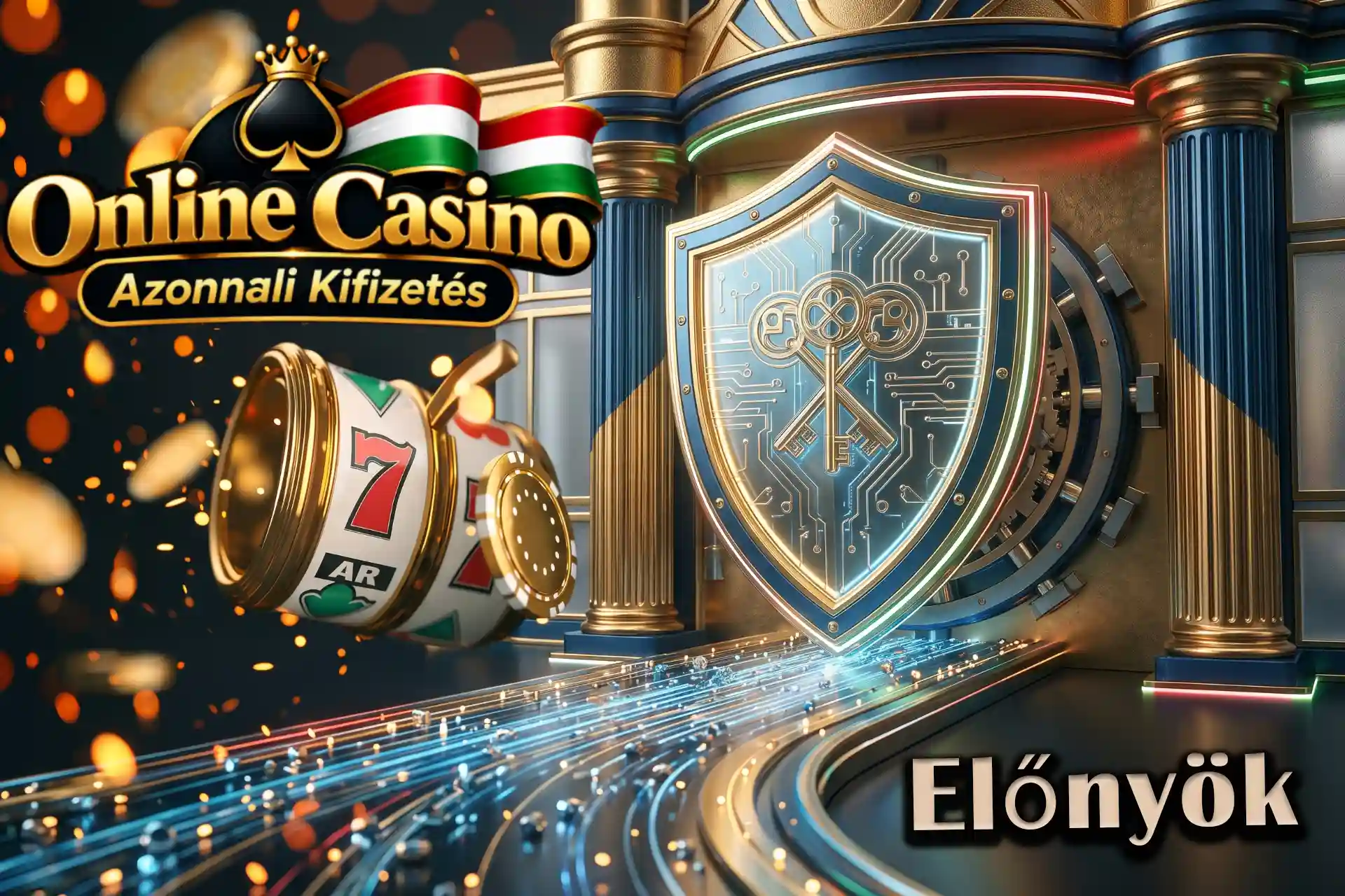 A gyors kifizetés előnyei az Online casino azonnali kifizetés portálján, megvilágított arany kulcsos pajzzsal és klasszikus oszlopcsarnokkal.